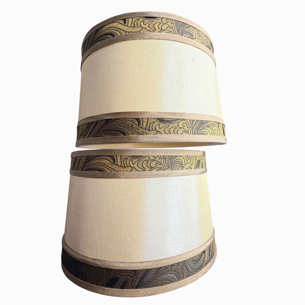 Elegant Lamp Shade Set 14x9.5 Cream Gold Paisley Embroidered Drum 2pc